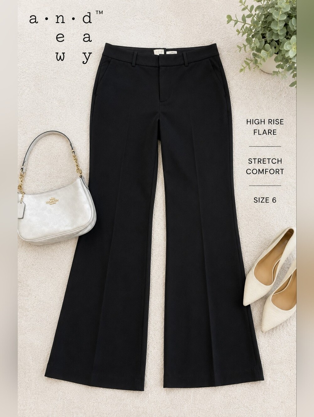 A New Day Black High Rise Flare Dress Pants Size 6 Stretch Trouser Work Career